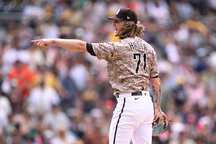 Sep 3, 2023; San Diego, California, USA; San Diego Padres relief pitcher Josh Hader (71) reacts after defeating the San Francisco Giants at Petco Park. Mandatory Credit: Orlando Ramirez-USA TODAY Sports